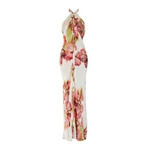 Roberto Cavalli F/W 2004 Orchid Print Silk Halter-neck Dress